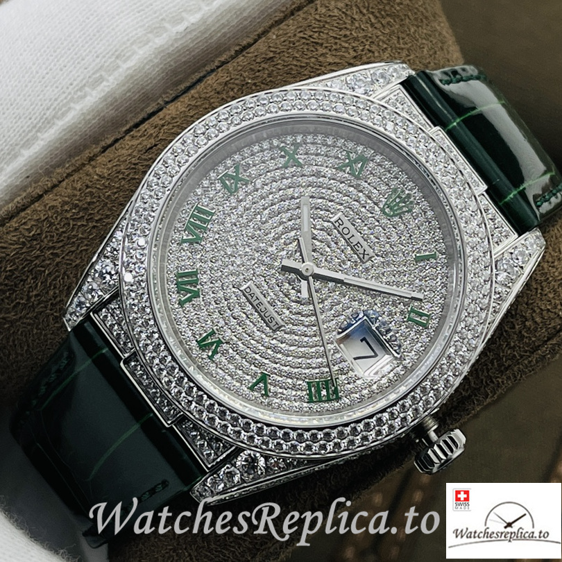 Swiss Rolex Datejust Replica Black Leather strap 40MM Diamonds Dial Green - WatchesReplica.is