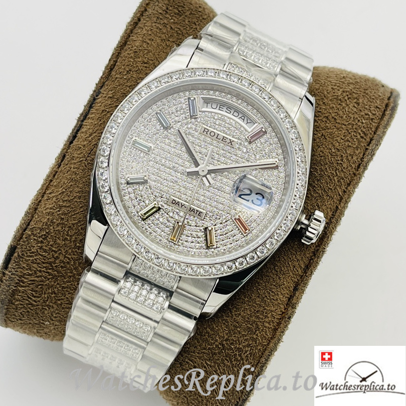 Swiss Rolex Day Date Replica Stainless steel and Diamonds strap 36MM Diamonds Dial - WatchesReplica.is