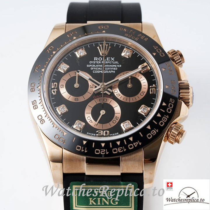 Swiss Rolex Daytona Replica Rubber strap 40MM Black Dial Diamonds Marks - WatchesReplica.is