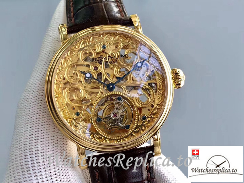 Swiss Patek Philippe Tourbillon Replica Yellow Gold Bezel 42MM - WatchesReplica.is