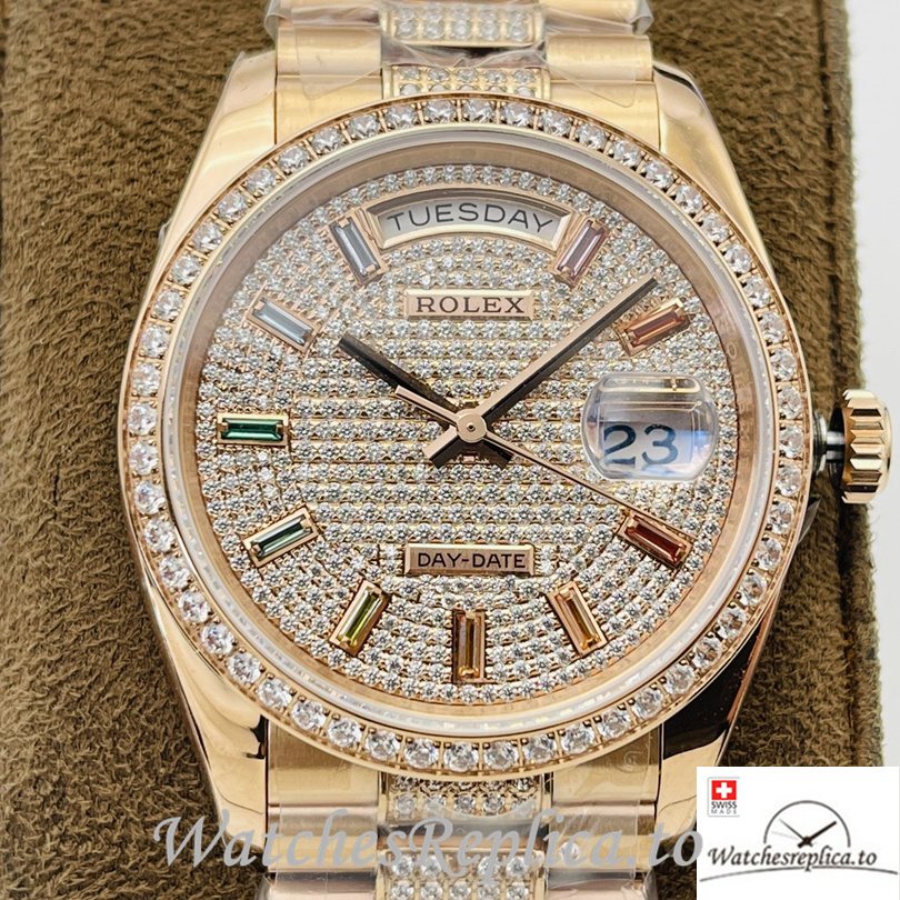 Swiss Rolex Day Date Replica Rose Gold and Diamonds strap 36MM Diamonds Dial - WatchesReplica.is