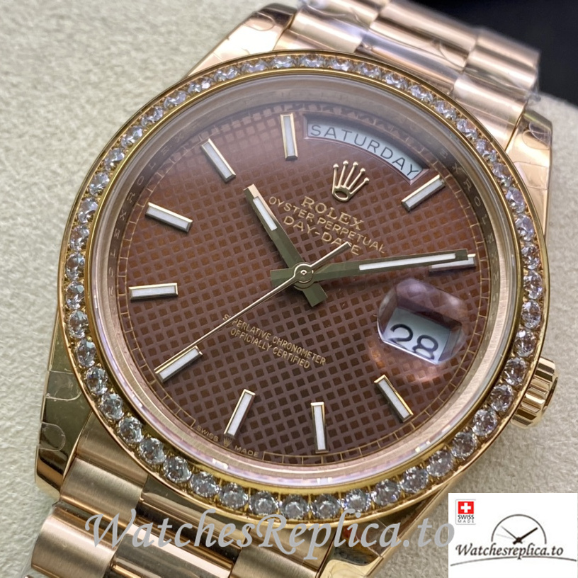 Swiss Rolex Day Date Replica Rose Gold strap 40MM Brown Dial Sticks Marks - WatchesReplica.is
