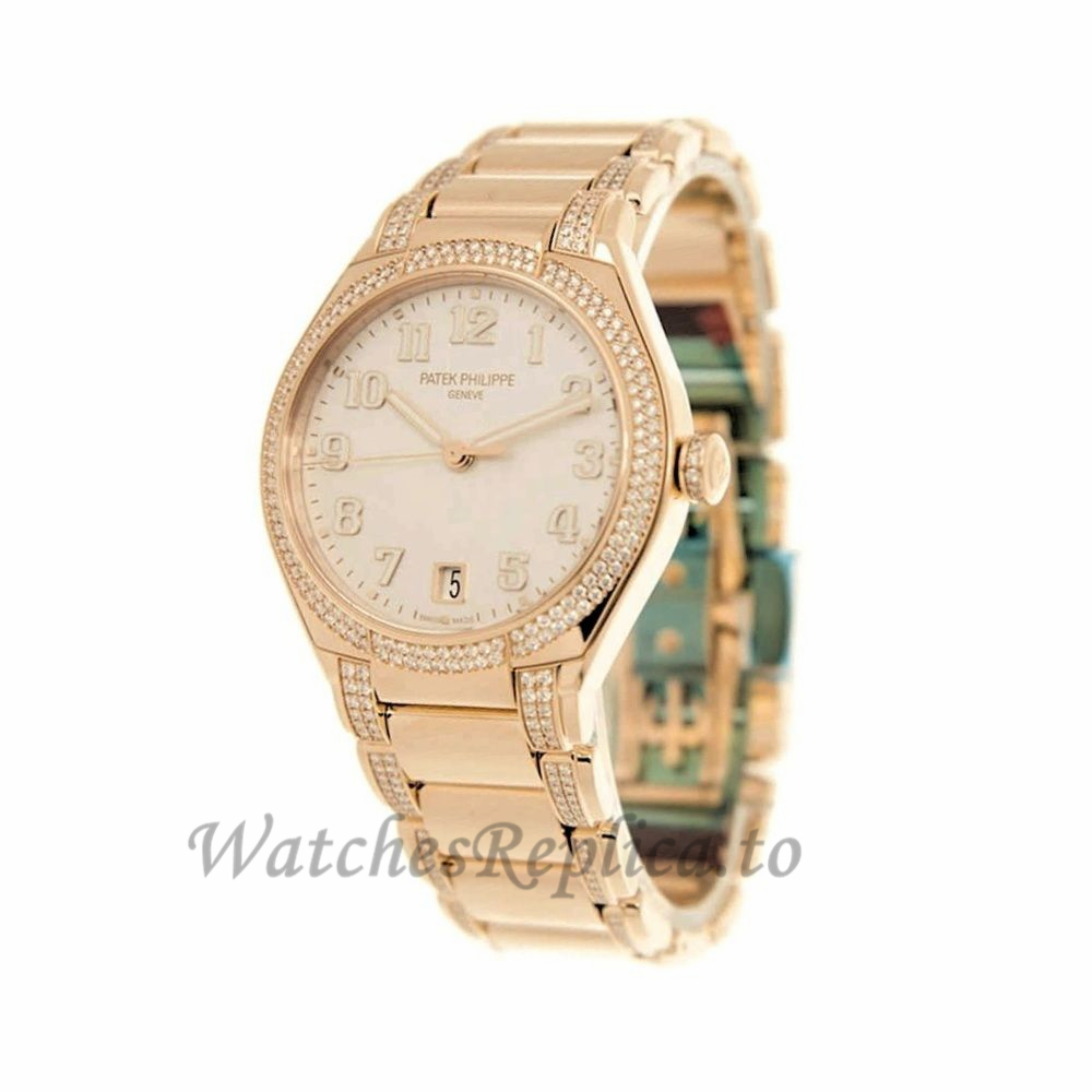 Patek Philippe Replica Twenty 4 Rose Gold Silver Diamond 36MM Watch 73001200R001 - WatchesReplica.is