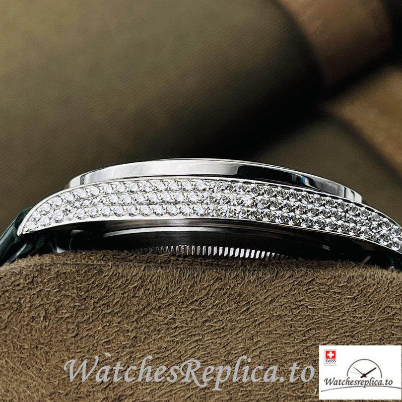 Swiss Rolex Datejust Replica Black Leather strap 40MM Diamonds Dial Green - WatchesReplica.is