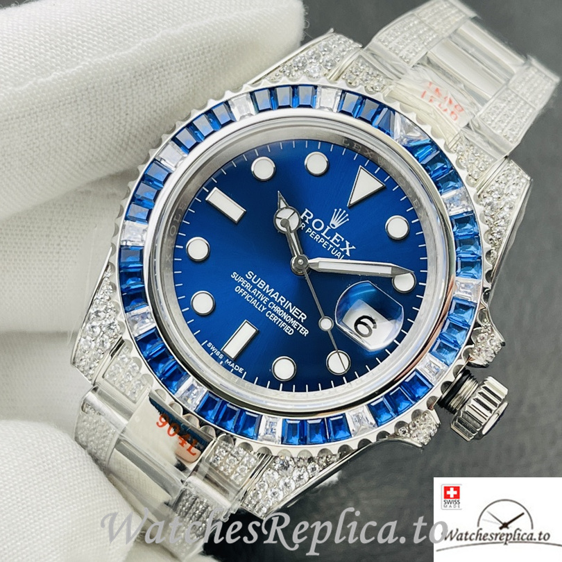 Swiss Rolex Submariner Replica Stainless steel strap 40MM Blue Dial Diamonds - WatchesReplica.is