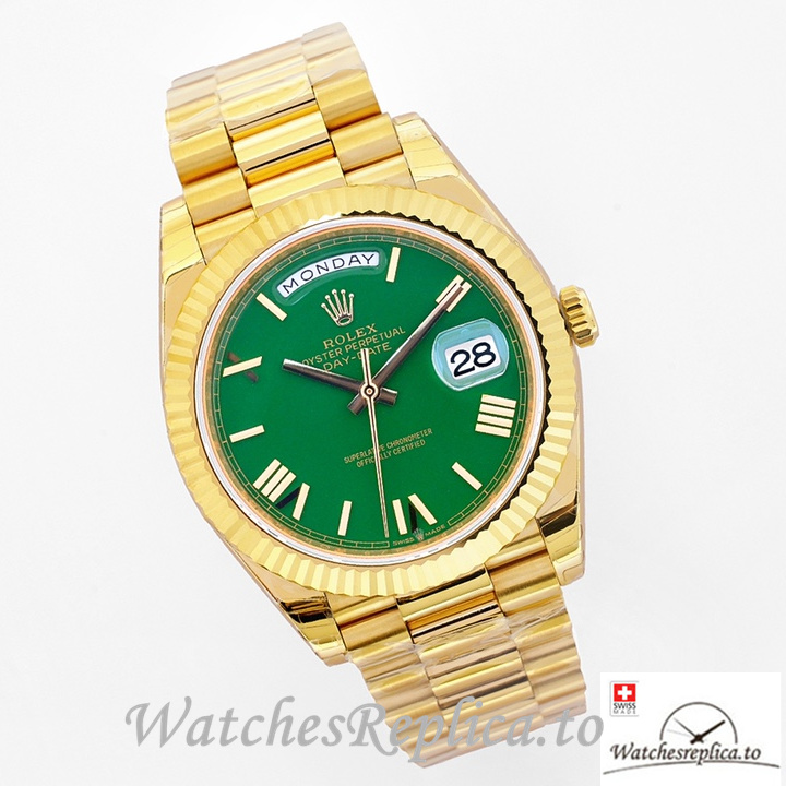 Swiss Rolex Day Date Replica Yellow Gold strap 40MM Green Dial - WatchesReplica.is