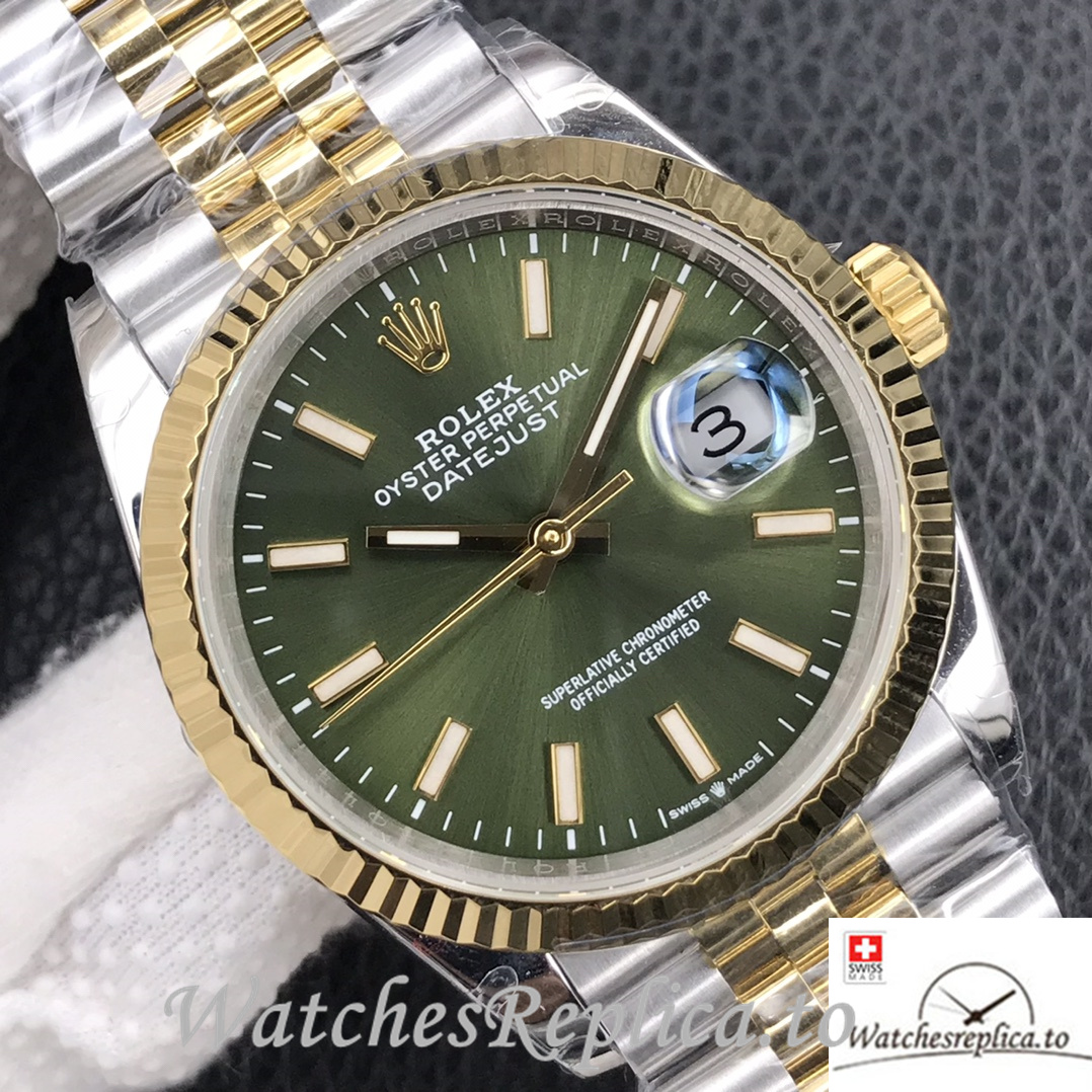 Swiss Rolex Datejust Replica Stainless steel strap 36MM Yellow Gold Green Dial - WatchesReplica.is