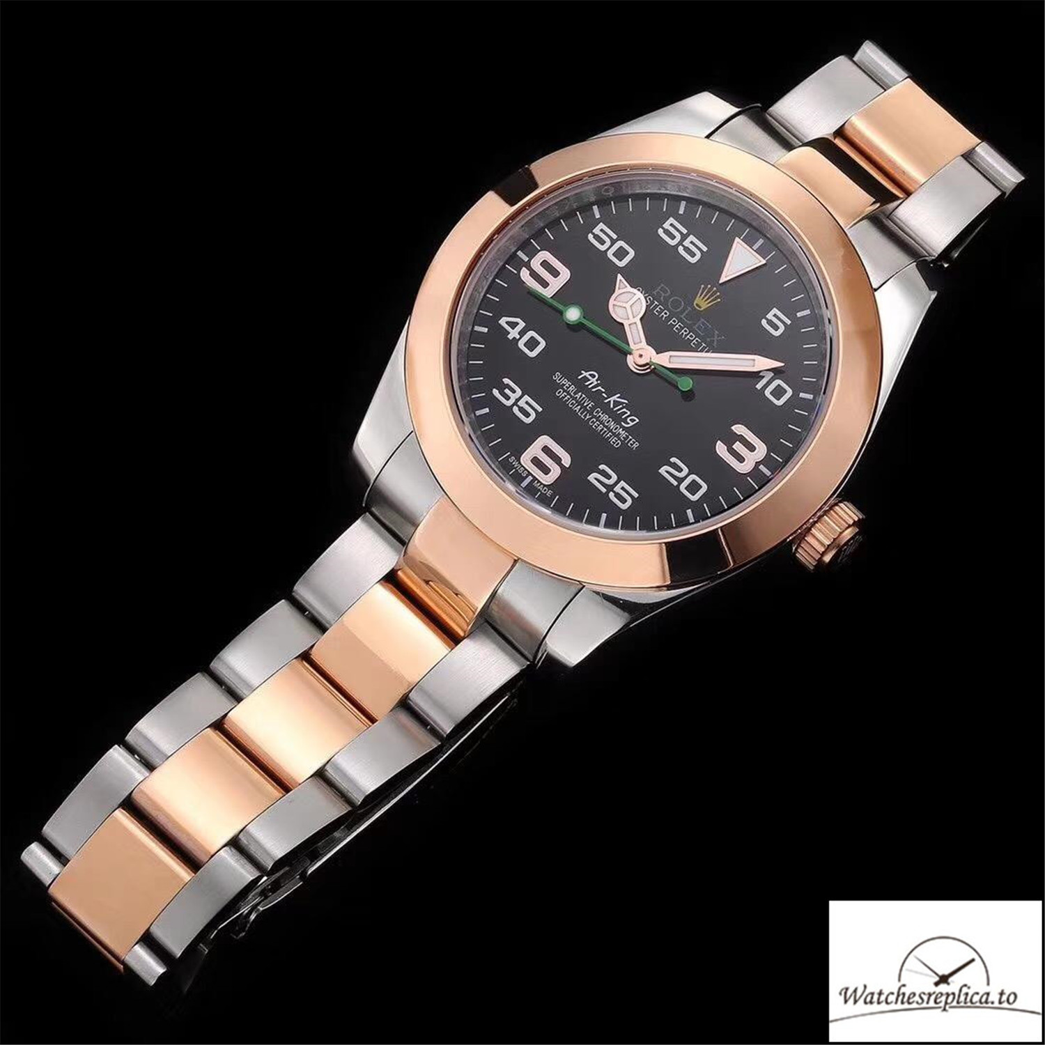 Swiss Rolex Air King Replica 116900 Rose Gold Bezel Black Dial 40MM - WatchesReplica.is