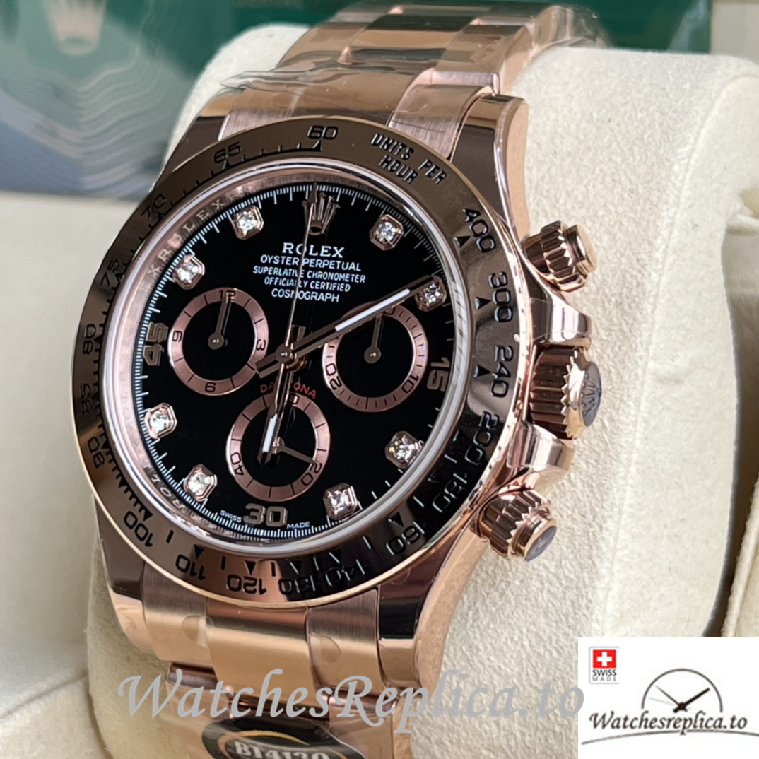 Swiss Rolex Daytona Replica Rose Gold strap 40MM Black Dial Diamonds Marks - WatchesReplica.is