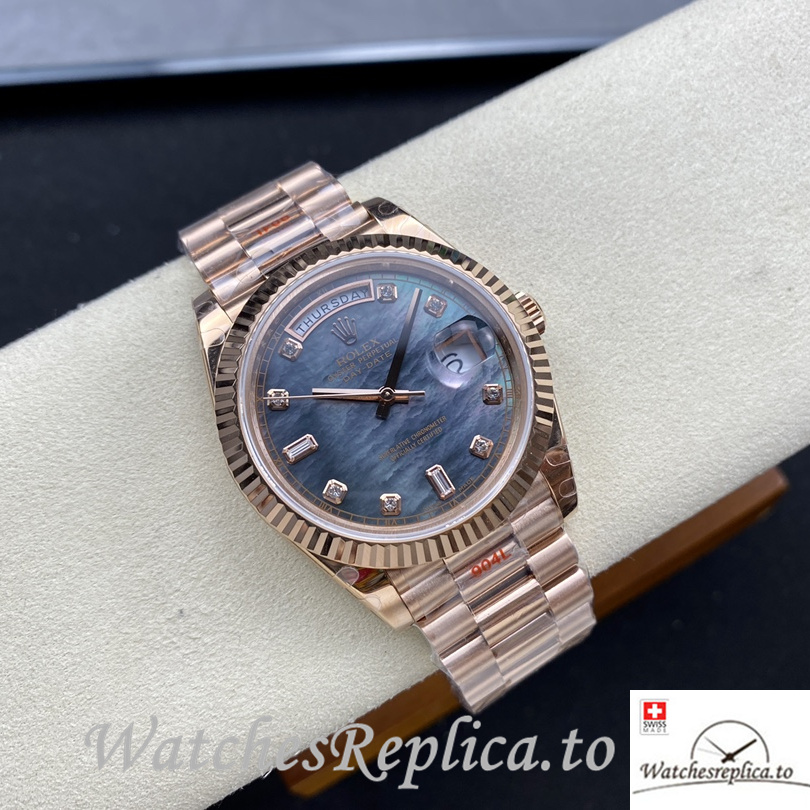 Swiss Rolex Day Date Replica Rose Gold strap 40MM Blue Dial - WatchesReplica.is