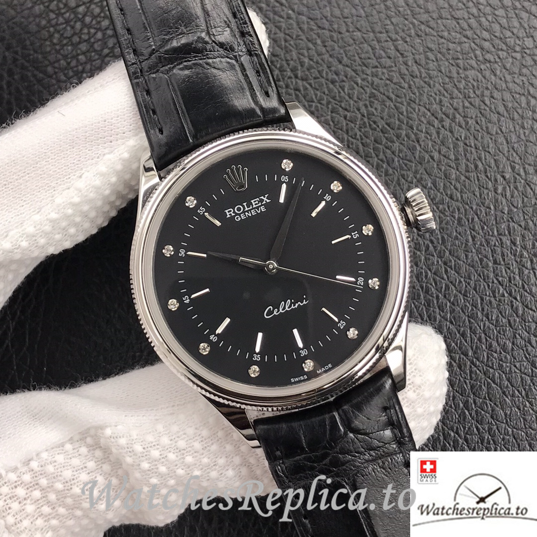 Swiss Rolex Cellini Replica Black Leather strap 39MM Black Dial - WatchesReplica.is
