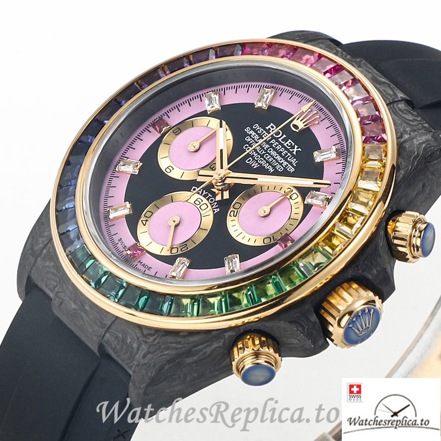 Swiss Rolex Daytona Replica Black Rubber strap 40MM Pink Dial - WatchesReplica.is