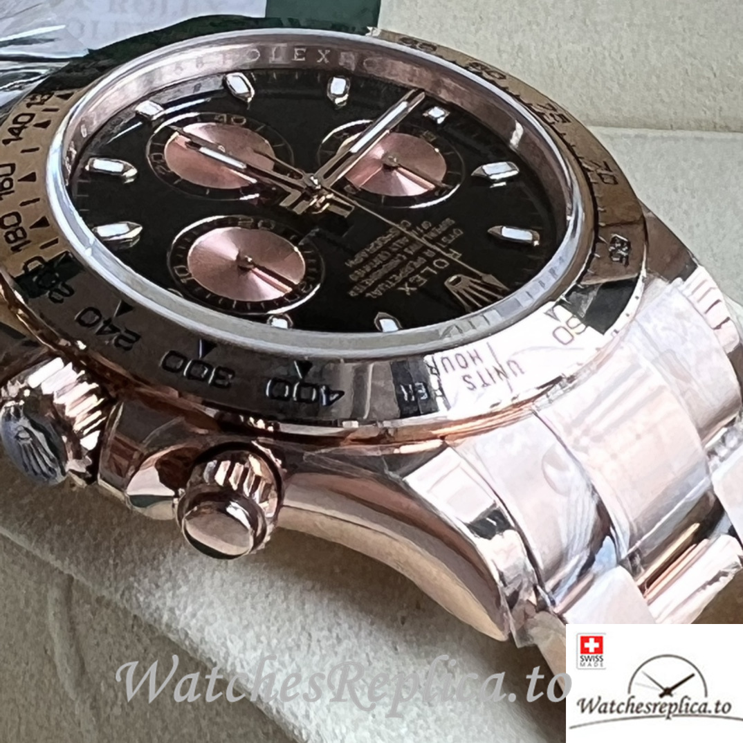 Swiss Rolex Daytona Replica Rose Gold strap 40MM Black Dial Sticks Marks - WatchesReplica.is
