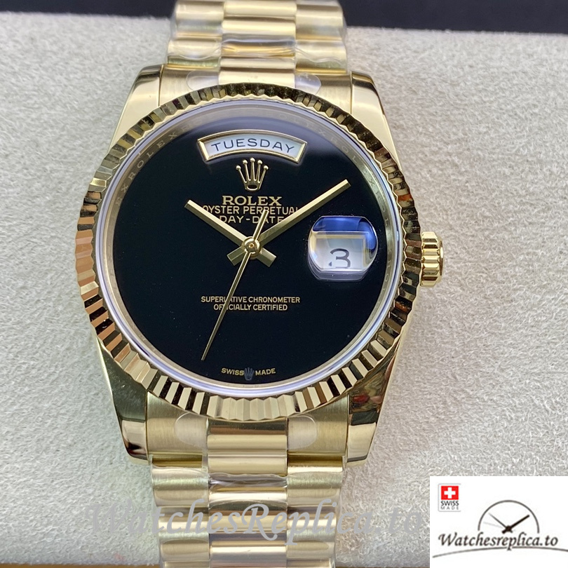 Swiss Rolex Day Date Replica Yellow Gold strap 36MM Black Dial - WatchesReplica.is