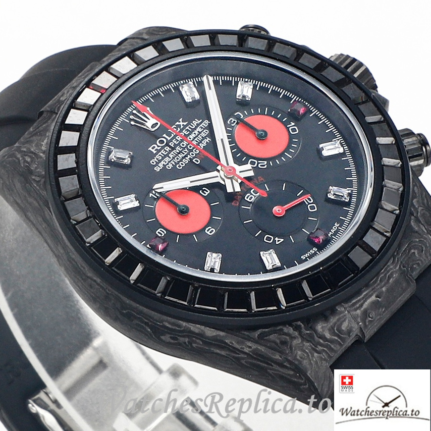 Swiss Rolex Daytona Replica Black Rubber strap 40MM Black Dial - WatchesReplica.is