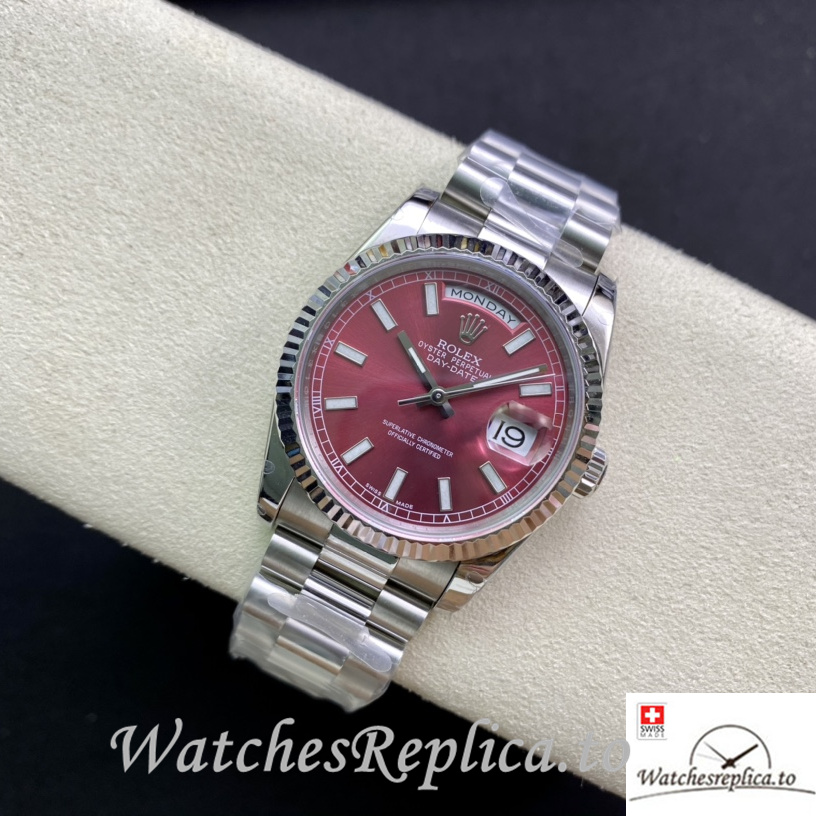 Swiss Rolex Day Date Replica Stainless steel strap 36MM Red Dial - WatchesReplica.is