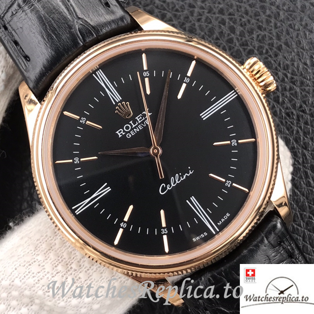 Swiss Rolex Cellini Replica Black Leather strap 39MM Rose Gold Black Dial - WatchesReplica.is