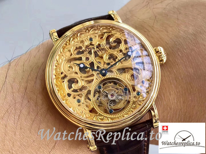 Swiss Patek Philippe Tourbillon Replica Yellow Gold Bezel 42MM - WatchesReplica.is