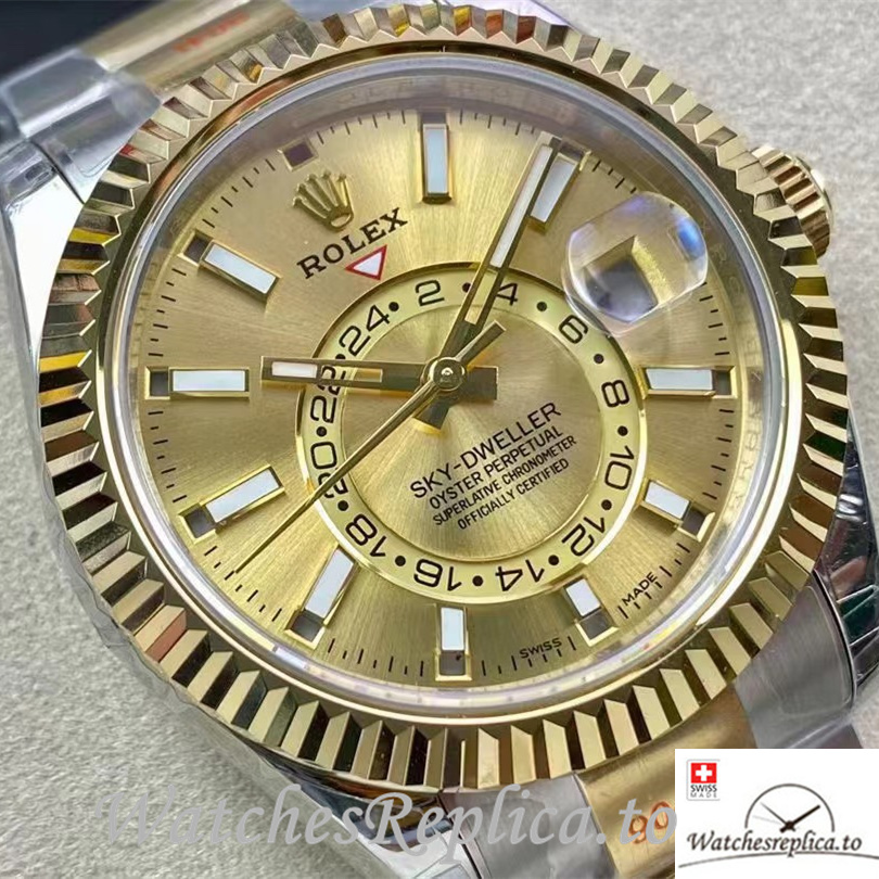 Swiss Rolex Sky Dweller Replica Stainless steel strap 42MM Gold Dial - WatchesReplica.is