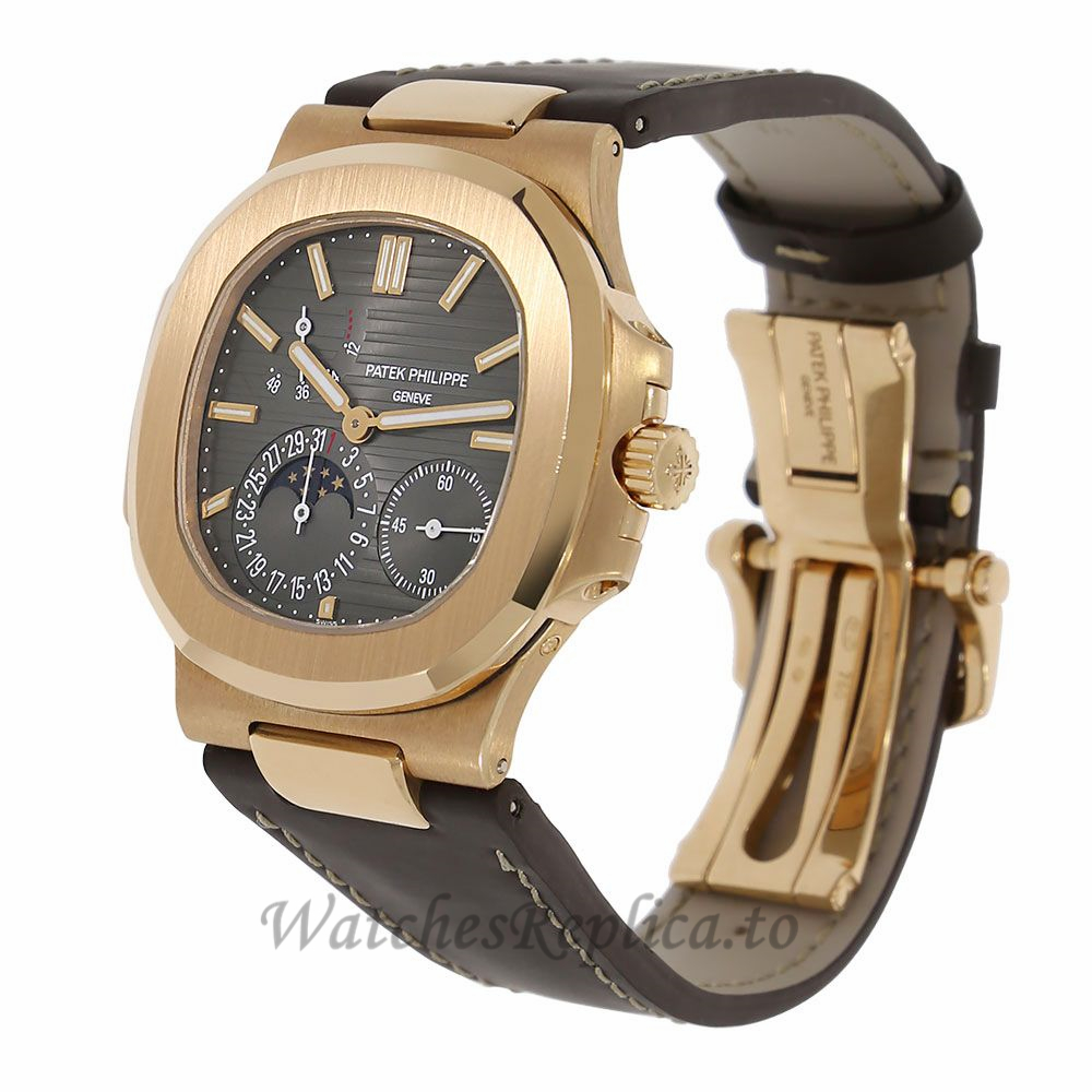 Patek Philippe Replica Nautilus Rose Gold Moon Phases Brown 40MM Watch 5712R001 - WatchesReplica.is