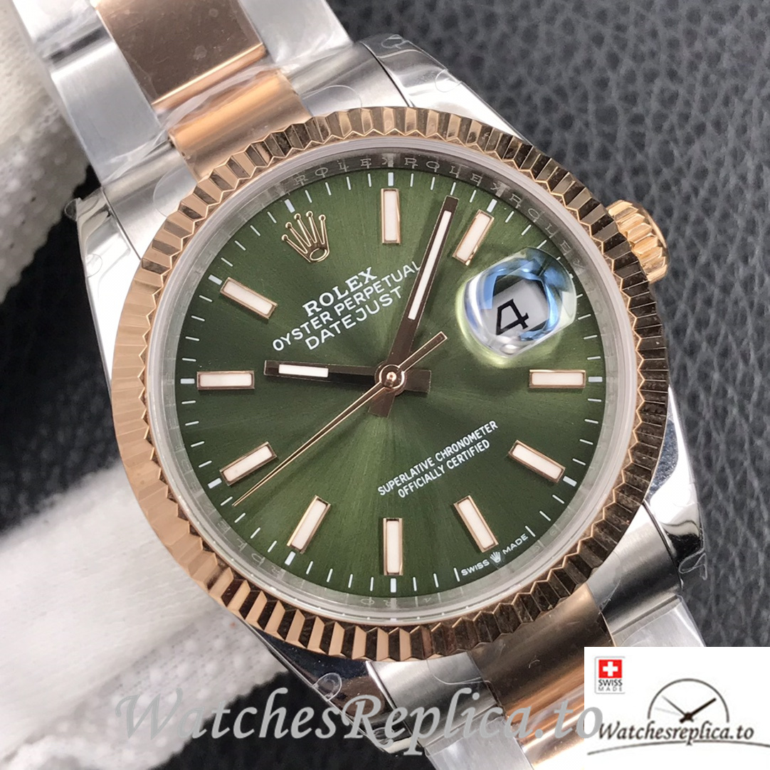 Swiss Rolex Datejust Replica Stainless steel strap 36MM Rose Gold Green Dial Sticks Marks - WatchesReplica.is