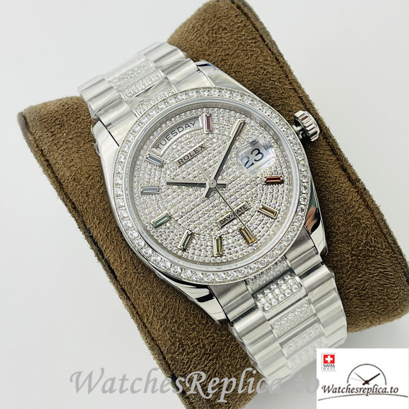 Swiss Rolex Day Date Replica Stainless steel and Diamonds strap 36MM Diamonds Dial - WatchesReplica.is