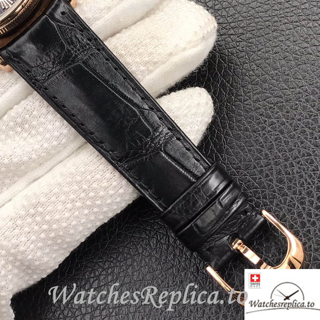 Swiss Rolex Cellini Replica Black Leather strap 39MM Silver Dial Rose Gold - WatchesReplica.is