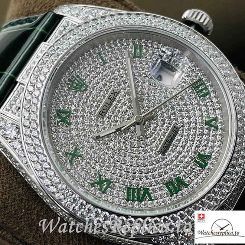 Swiss Rolex Datejust Replica Black Leather strap 40MM Diamonds Dial Green - WatchesReplica.is