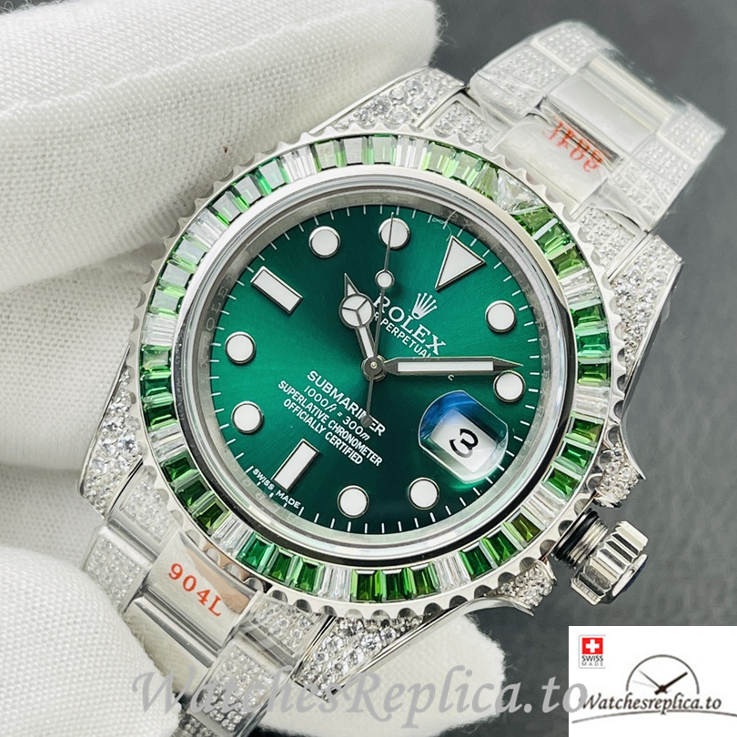 Swiss Rolex Submariner Replica Stainless steel strap 40MM Green Dial Diamonds - WatchesReplica.is