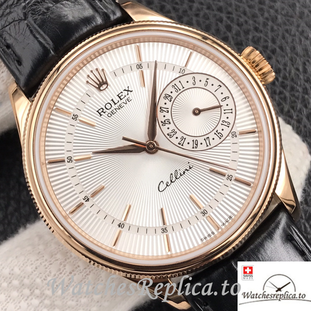 Swiss Rolex Cellini Replica Black Leather strap 39MM Silver Dial Rose Gold - WatchesReplica.is