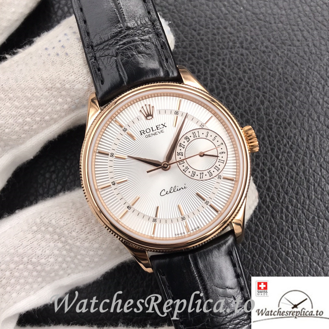 Swiss Rolex Cellini Replica Black Leather strap 39MM Silver Dial Rose Gold - WatchesReplica.is