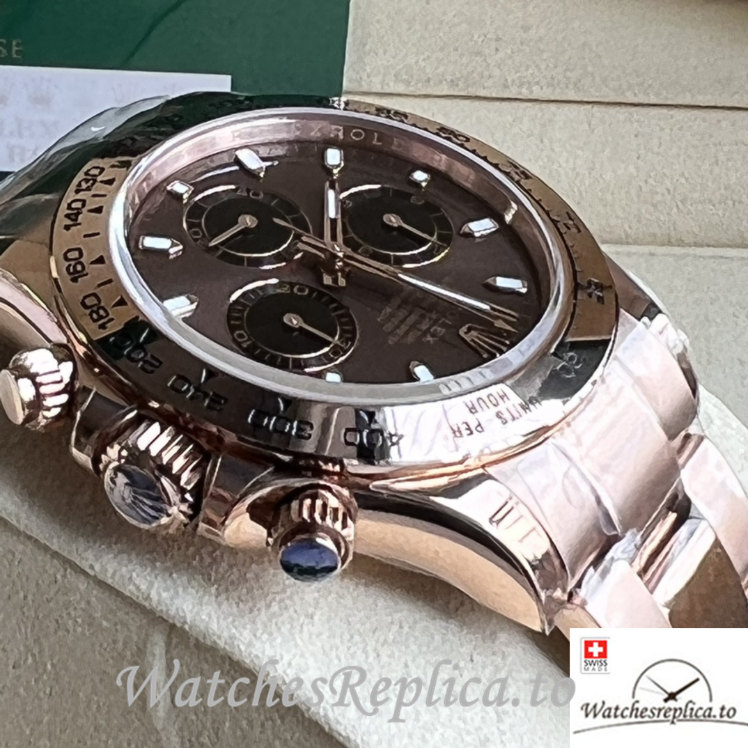 Swiss Rolex Daytona Replica Rose Gold strap 40MM Brown Dial Sticks Marks - WatchesReplica.is