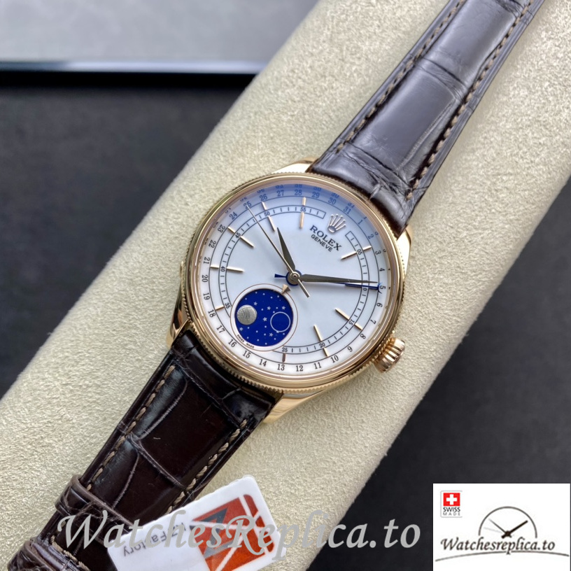 Swiss Rolex Cellini Replica Brown Leather strap 39MM Black Dial Yellow Gold Case - WatchesReplica.is