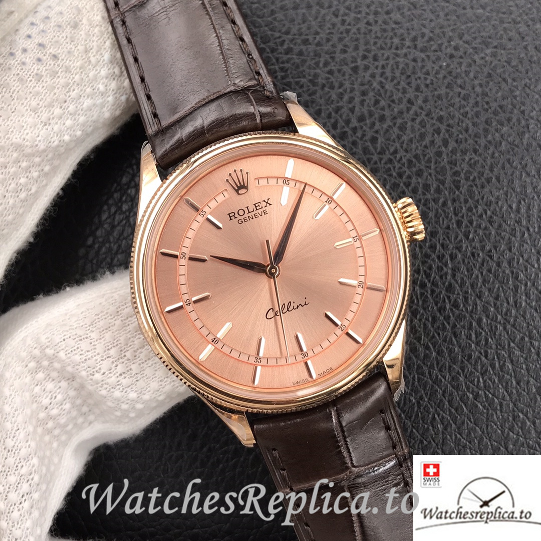 Swiss Rolex Cellini Replica Brown Leather strap 39MM Pink Dial - WatchesReplica.is