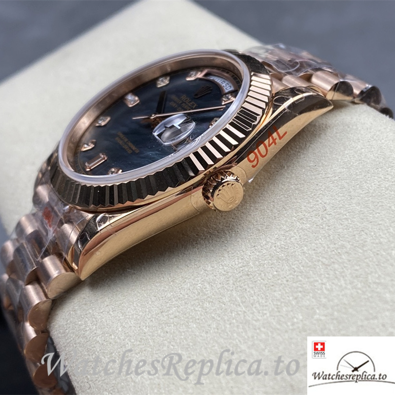 Swiss Rolex Day Date Replica Rose Gold strap 40MM Blue Dial - WatchesReplica.is