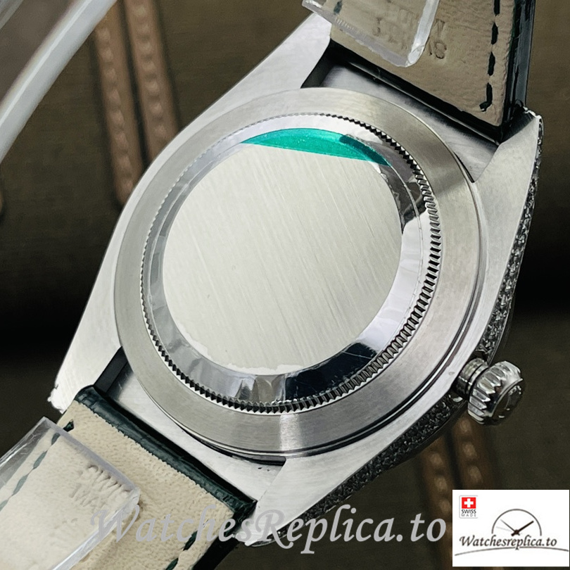 Swiss Rolex Datejust Replica Black Leather strap 40MM Diamonds Dial Green - WatchesReplica.is