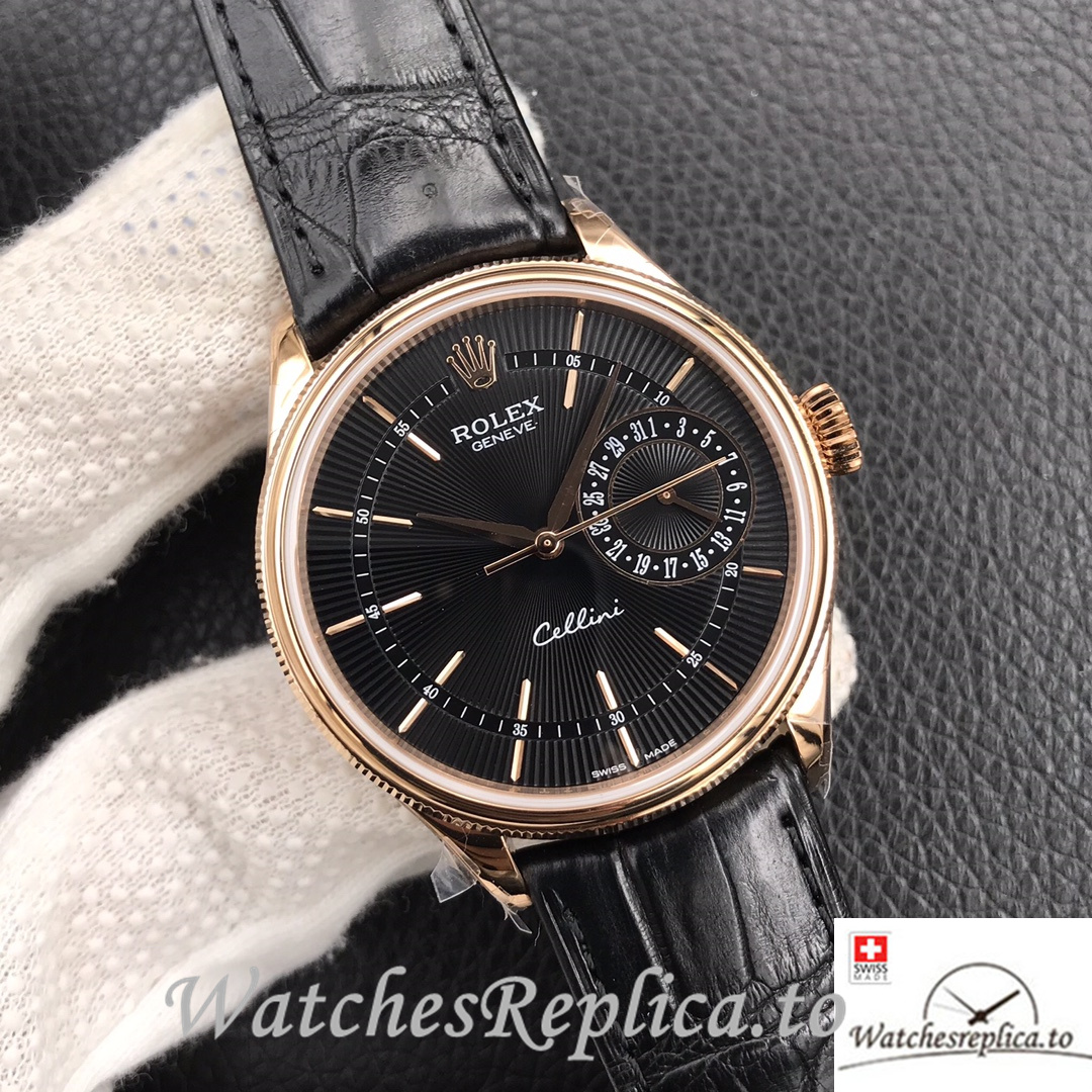 Swiss Rolex Cellini Replica Leather strap 39MM Black Dial Rose Gold - WatchesReplica.is