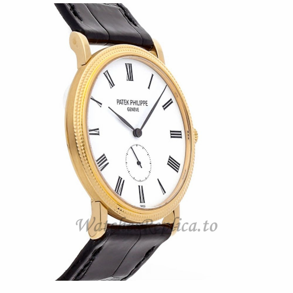 Patek Philippe Replica Calatrava Yellow Gold White Roman Dial 36MM Watch 5119J001 - WatchesReplica.is