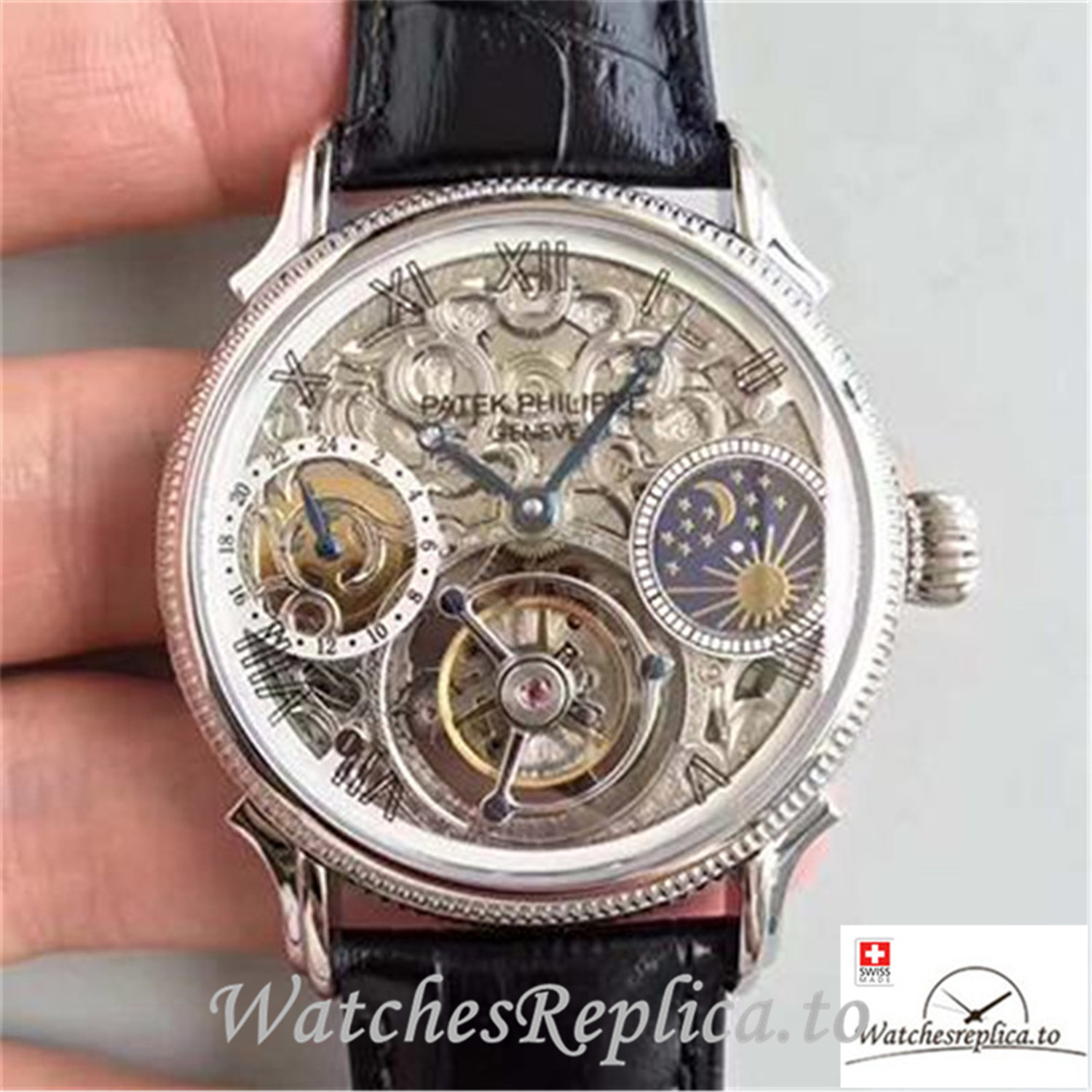 Swiss Patek Philippe Tourbillon Replica Silver Bezel 42MM - WatchesReplica.is
