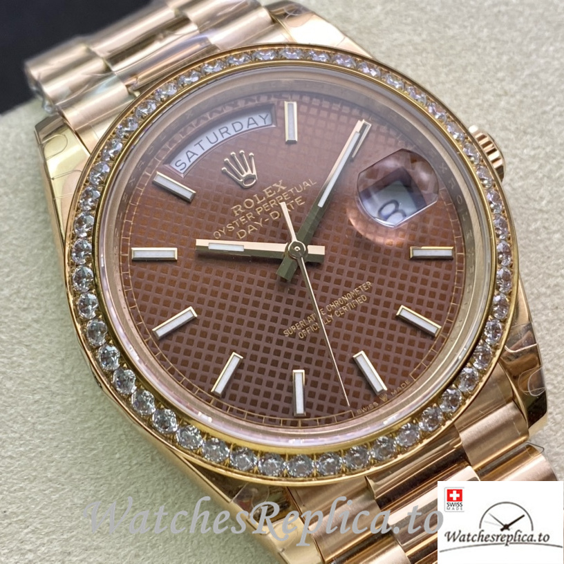 Swiss Rolex Day Date Replica Rose Gold strap 40MM Brown Dial Sticks Marks - WatchesReplica.is