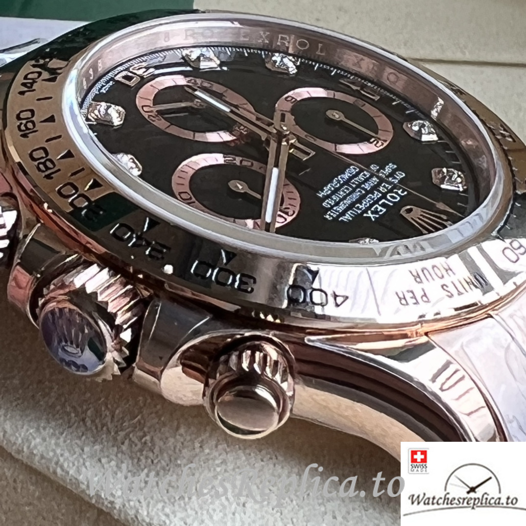 Swiss Rolex Daytona Replica Rose Gold strap 40MM Black Dial Diamonds Marks - WatchesReplica.is