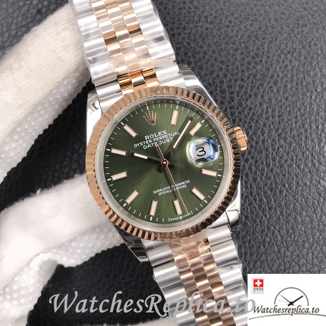 Swiss Rolex Datejust Replica Stainless steel strap 36MM Rose Gold Green Dial - WatchesReplica.is