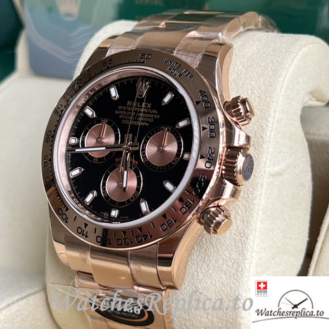Swiss Rolex Daytona Replica Rose Gold strap 40MM Black Dial Sticks Marks - WatchesReplica.is