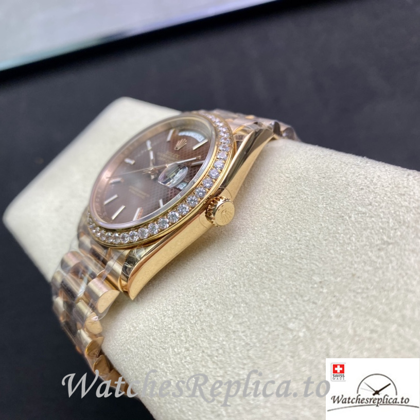 Swiss Rolex Day Date Replica Rose Gold strap 40MM Brown Dial Sticks Marks - WatchesReplica.is