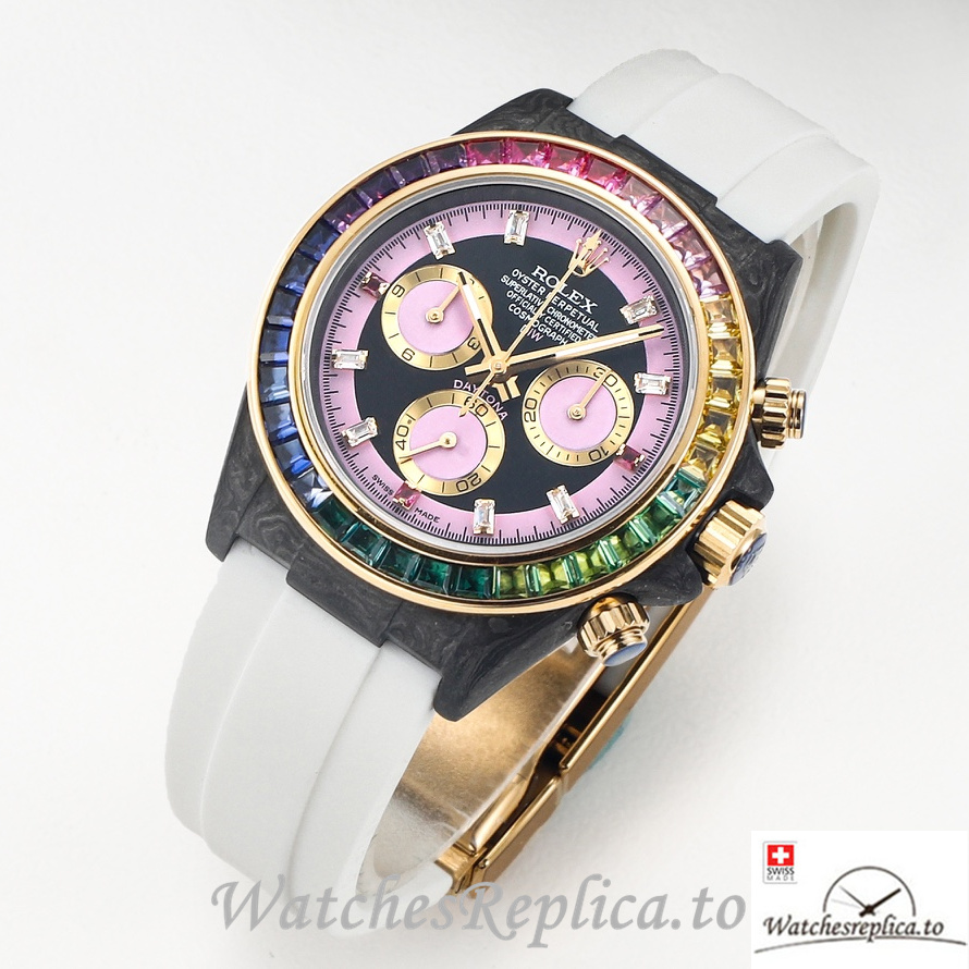 Swiss Rolex Daytona Replica White Rubber strap 40MM Pink Dial - WatchesReplica.is