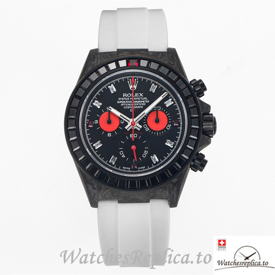 Swiss Rolex Daytona Replica White Rubber strap 40MM Black Dial - WatchesReplica.is
