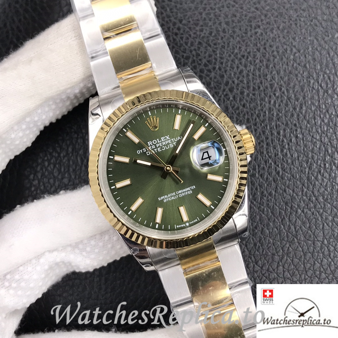 Swiss Rolex Datejust Replica Stainless steel strap 36MM Yellow Gold Green Dial Sticks Marks - WatchesReplica.is