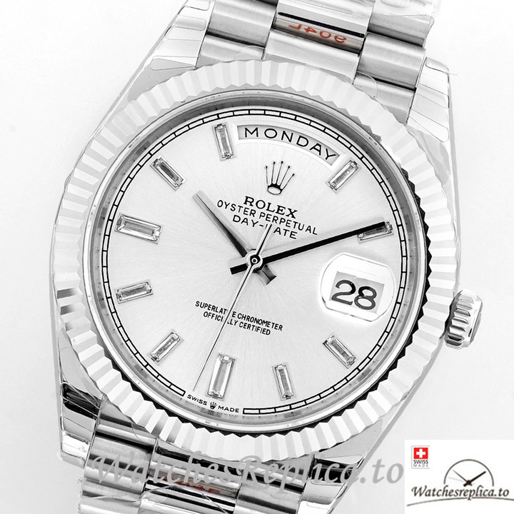 Swiss Rolex Day Date Replica Stainless steel strap 40MM White Dial Diamonds Marks - WatchesReplica.is