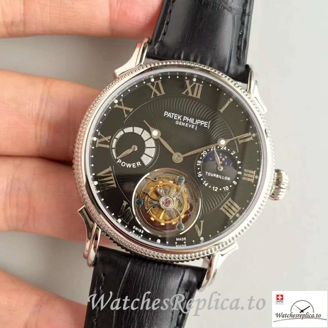 Swiss Patek Philippe Tourbillon Moonphase Replica Black Strap 42MM - WatchesReplica.is
