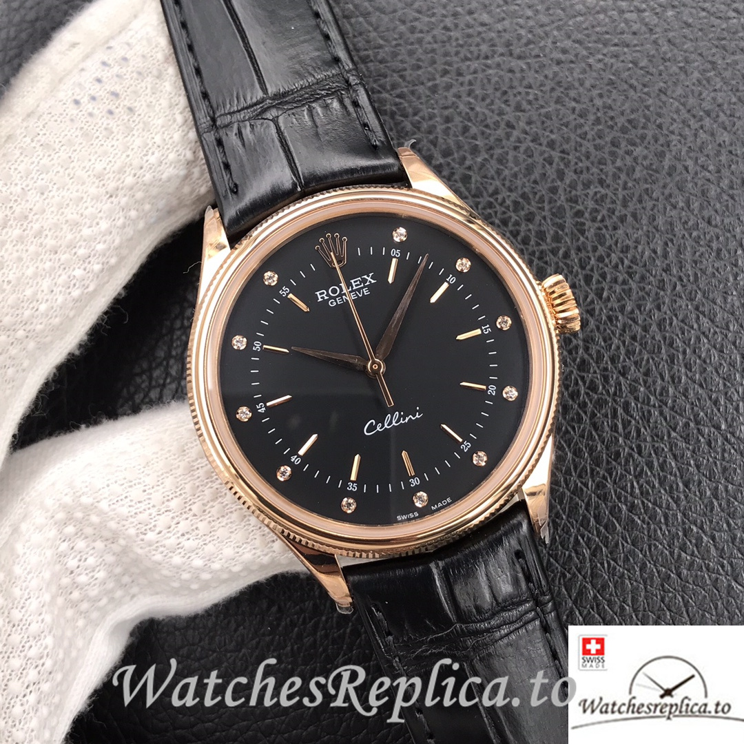 Swiss Rolex Cellini Replica Black Leather strap 39MM Black Dial Rose Gold - WatchesReplica.is
